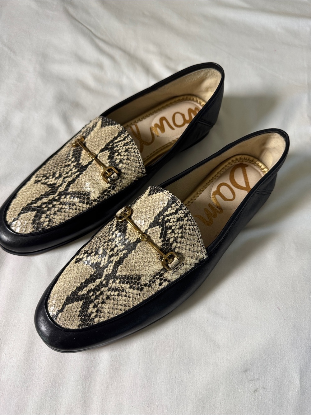 Sam Edelman Lorraine Black Leather Loafers Snake-Print Vamp Horse Bit Sz 9 1/2